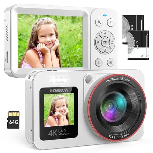 Deatti Digital Camera FHD 4K with Dual Screen 64GB SD Card 2 Batteries,18X Zoom,Anti Shake Portable Rechargeable Camera for Teens Boys Girls Kids,White - Image 1