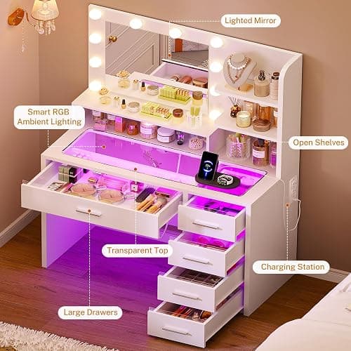 FIONESO Vanity Desk with Mirror and Lights, Makeup Vanity with Glass Top, 3 Colors LED Lights & Power Outlet, White Vanity with 5 RGB Drawers, Adjustable Lighted Vanity for Girls, Bedroom thumbnail 4