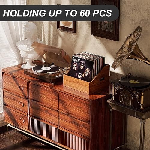 Vecxoty Wood Vinyl Record Storage, Retro & Durable Vinyl Crate and Record Holder, Album Storage Record Case Box for 60+ Records, Perfect Record Organizer for Home Decor and Collection Display(Brown) thumbnail 4