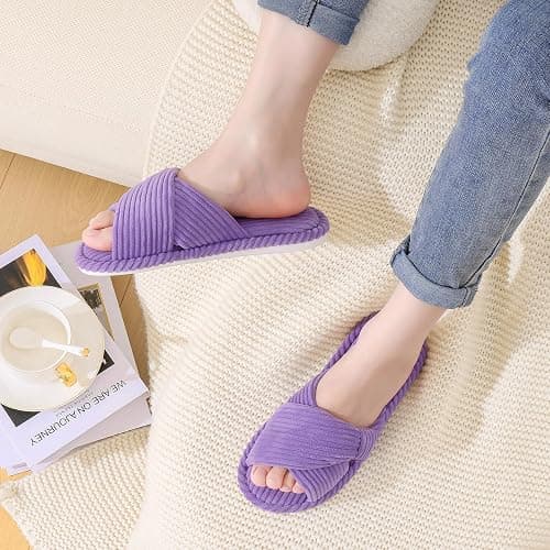 Evshine Fall House Slippers for Women Corduroy Cross Bow Indoor Slippers Open Toe Slip On Bedroom Shoes with Memory Foam thumbnail 2