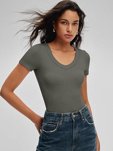 ANRABESS Bodysuits for Women V Neck Short Sleeve Body Suit Tops Slim Fit Ribbed Knit Soft Basic T-Shirts 2026 Summer Outfits thumbnail 6