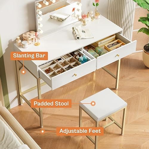 SUPERJARE 35.4" White and Gold Desk with 2 Drawers, Modern Makeup Vanity with Padded Stool, Small Computer Desk Home Office Desk for Writing Study Bedroom thumbnail 6