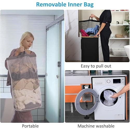 efluky Slim Laundry Basket with Lid, Narrow Laundry Hamper with Removable Bag, Skinny Dirty Clothes Basket with Bamboo Handles for Bathroom, Bedroom & Laundry Room, 75L Black thumbnail 6