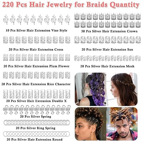Lucomb 220 Pcs Silver Hair Jewelry for Braids, Loc Jewelry for Hairs Dreadlock, Hairs Charms for Women, Metal Braid Rings Cuffs Clips for Dreadlock Accessories Hair Braids Accessories Decorations thumbnail 3