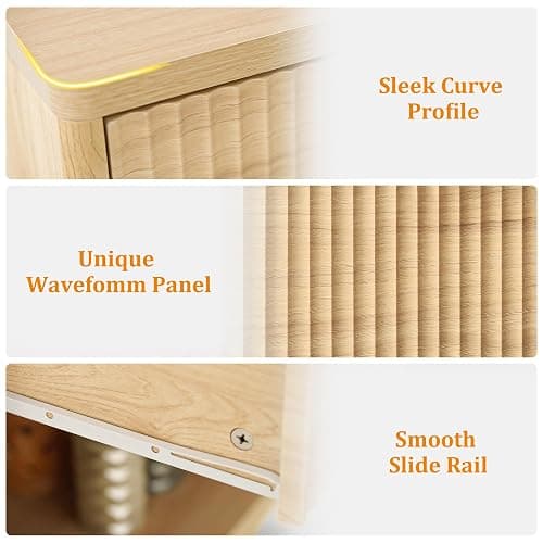 Nasonet Fluted Nightstand Charging Station,Wood Modern Night Stands Storage Cabinet for Bedroom,Oak Bedside Table with Drawers thumbnail 4