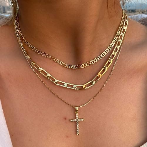 Cross Necklace for Women,Stackable Stacked Stacking Layering Layered Necklaces Dainty Gold Necklace Paperclip Box Flat Mariner Chain Necklace Cross Pendant CZ Diamond Simple Jewelry Gift thumbnail 3