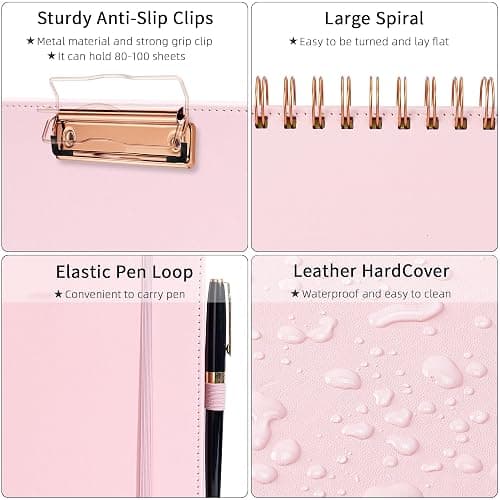 Ospelelf Leather Clipboard Folio with Notepad for Letter Size, Spiral Clipboard Folder with Storage Zipper Pouch, 5 Folders with 10 Pockets, 39 Divider Label Stickers, Pen Loop Series (Pink) thumbnail 4