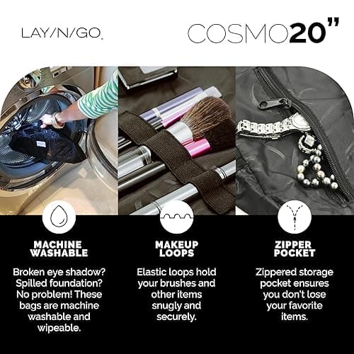 Lay-n-Go Cosmo Drawstring Cosmetic & Makeup Bag Organizer - Portable Drawstring Bag w/Zipper Pocket, Makeup Loops & More - Durable, Machine Washable Toiletry Bag for Travel (20", Black) - Black - 20 Inch thumbnail 5