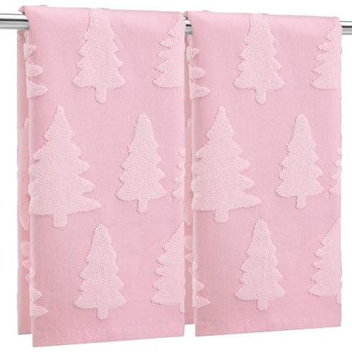 Breling 2 Pcs Christmas Hand Towels Pink Christmas Trees Bathroom Decorative Towels 100% Cotton Absorbent Jacquard Weave Bath Decor Winter Holiday Bathroom Decor Xmas Gifts 13.7''x29.5'' - Image 1