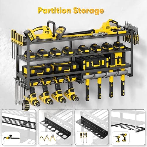 POKIPO Large Power Tool Organizer Wall Mount,4 Layers Heavy Duty Metal Loads 400lbs,Power Tool Shelf Battery Storage with 8 Cordless Drill Holder,Utility Racks for Garage Workshop thumbnail 4