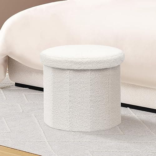 B FSOBEIIALEO Storage Ottoman Cube, Round Ottomans with Storage Foot Stool Footrest for Lving Room, Boucle Ottoman Seat for Dorm Room,Faux Teddy Fur, White 15"x15"x13.19" thumbnail 7