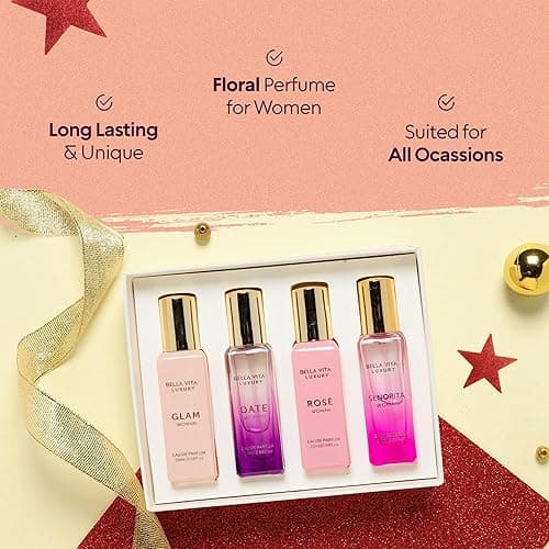 BellaVita Luxury Women's Perfume Gift Set (4x20ml) | Notes of Floral, Sweet, Spicey Red Fruit, Vanilla & Musk | DATE, SENORITA, GLAM & ROSE | French Parfum Collection Gift Set thumbnail 4