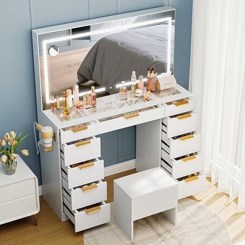 Pamapic Glass Top Vanity Desk with Mirror and Lights, 11 Drawers Makeup Vanity with Charging Station and Chair, Golden Handles Dressing Table, 3 Lighting Modes Makeup Table, White thumbnail 6