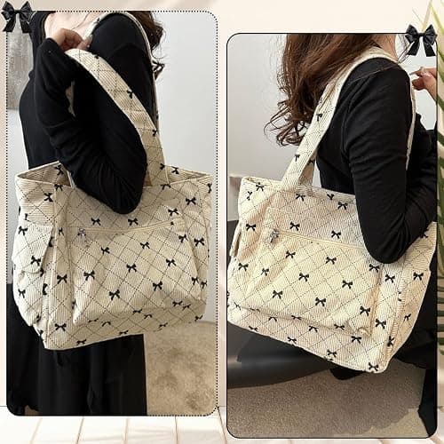 FloralGrace Cord Tote Bag for Ladies Large Black Bow Shoulder Bag with Pockets and Zip Bow Handbag for Work Travel thumbnail 2