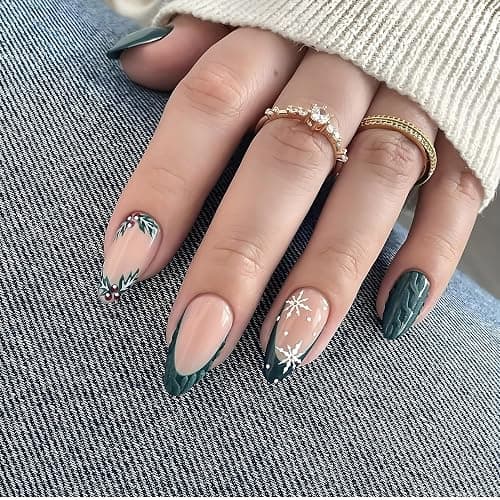 LPOODDNU Christmas Press on Nails Almond - Green French Tip Medium Fake Nails with Snowflake Designs, Glossy Finished Reusable False Nails with Adhesive Glue Tabs - 24Pcs Nail Kit for Women Manicure thumbnail 2