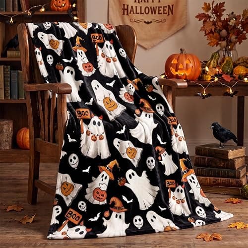 Horaldaily Halloween Black Ghost Pumpkin Skulls Flannel Throw Blanket 50x60 | All Season Using Ultra Soft Fuzzy Plush Cozy Non-shedding Blanket for Couch Sofa Bed Camping, Ideal Gift for Kids Adults - Image 1