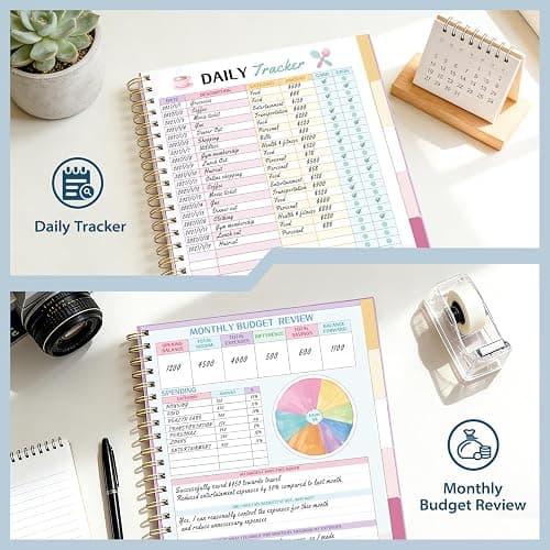 Ospelelf Budget Planner Undated, Money Expense Tracker with Pockets & Stickers, Thick Cardboard Cover, Large Pages for Spacious Writing, Original Fun Colorful Design, 12 Month Financial Notebook, Blue Pool thumbnail 5