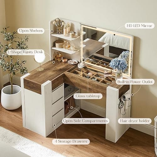 OKD 48" Makeup Vanity Desk with Mirror and Lights, Glass Top, Antique White | Modern L-Shaped Corner Vanity for Women,large mirror,LED Lights,4 Drawers,Open Storage Shelves,Charging Station,Dryer Holder thumbnail 3
