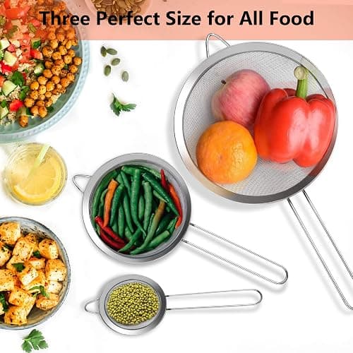 3Pcs Super Wire Extra Fine Mesh Strainer with Handle, Small Medium Large Size Sifter Metal Strainer Set, Stainless Steel Sieve Fine Mesh Strainers for Kitchen Rice Juice Quinoa Food Flour Baking YLYL thumbnail 2