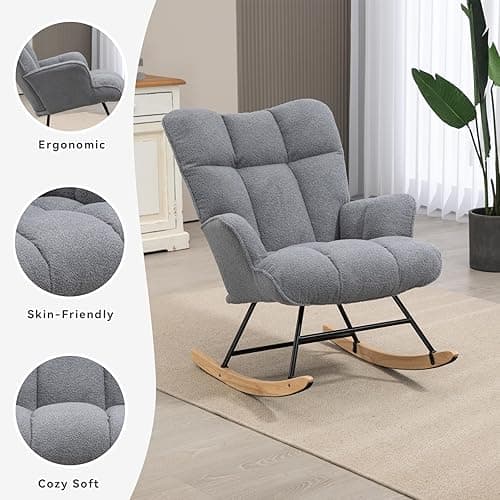 SAETSFEG Rocking Chair Nursery Teddy, Upholstered Baby Fluffy Glider Rocker for Adults Small Spaces Indoor, Comfy Sherpa Compact Nursing Chairs for Living Room, Bedroom, Classroom, Darkgrey - Darkgrey thumbnail 3