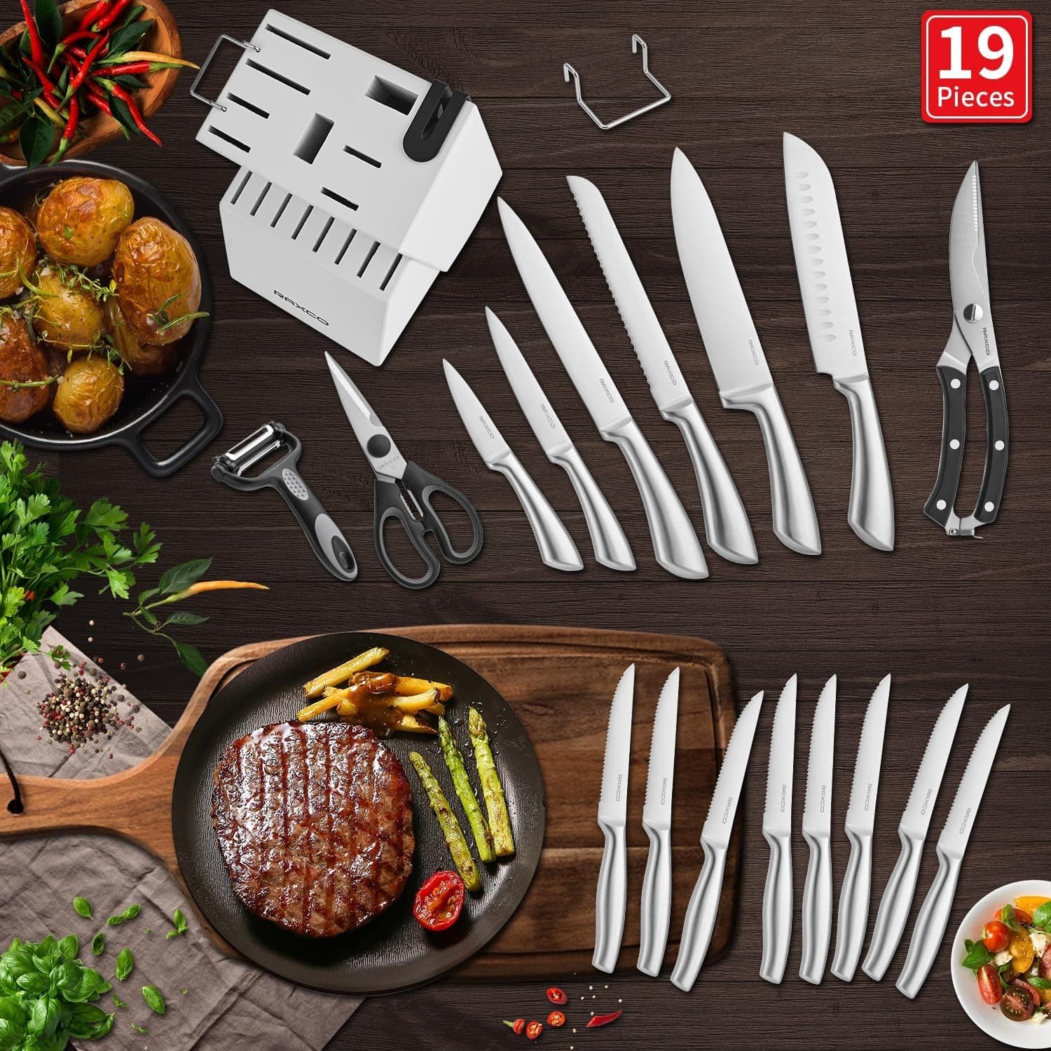 RAXCO 19PCS Kitchen Knife Set with Block & Sharpener, 6 Chef Knives & 8 Steak Knives for Home Restaurant (White) thumbnail 4