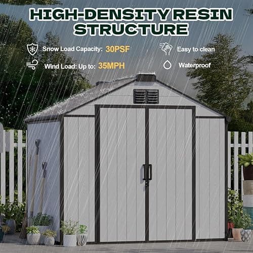 MELLCOM 8 x 6 FT Outdoor Plastic Garden Storage Shed with Floor, Resin Tool Storage Shed with Windows and Lockable Door for Patio, Pool Supply, Bike, Lawnmower thumbnail 7