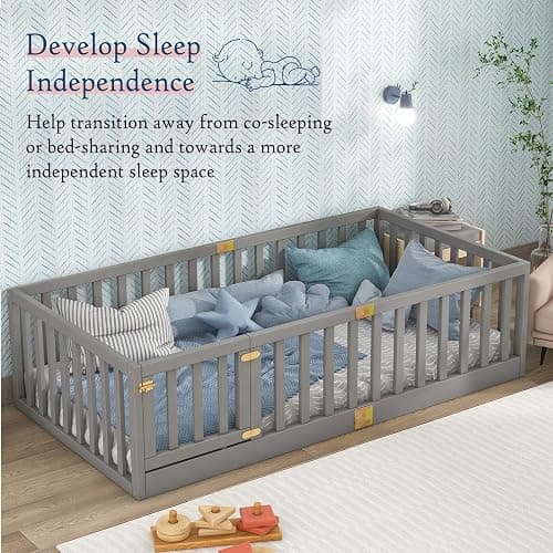 Tatub Twin Montessori Floor Bed with High Rails, Solid Wood Montessori Bed Frame for Kids, Door Can Install Left and Right, Twin-Grey thumbnail 5