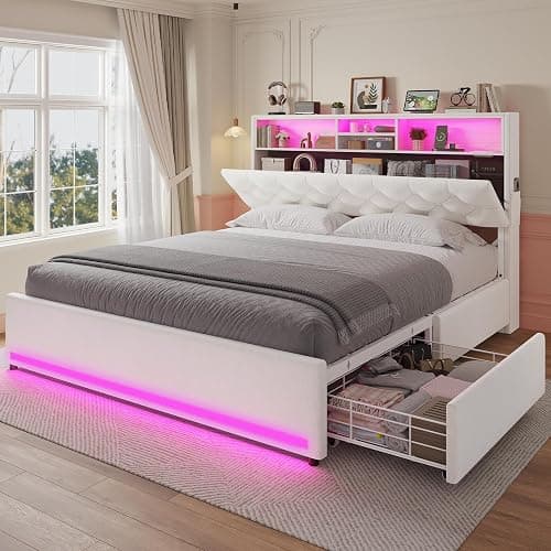 HAUOMS Full Size Bed Frame with Bookcase Headboard,LED Bed Frame with Charging Station, 4 Storage Drawer, Modern Velvet Upholstered Platform Bed with 5 Shelf, No Box Spring Needed, Creamy White - Image 1