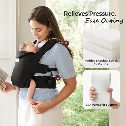 Momcozy Newborn Carrier WeeSnug- Lightweight and Cozy Comfort for 7-25 lbs, Ergonomic Cross-Back Support, Effortless to Put On, Hands-Free Baby Carrier with Lumbar Support, Black thumbnail 7