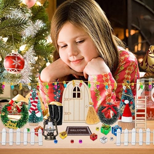 38Pcs Doll House Christmas Decoration, Miniature Christmas Dollhouse Accessories Fake Light Door Mini Xmas Tree 1:12 Miniature Scene Model Pretend Toys DIY Festival Holiday Party Favors thumbnail 7
