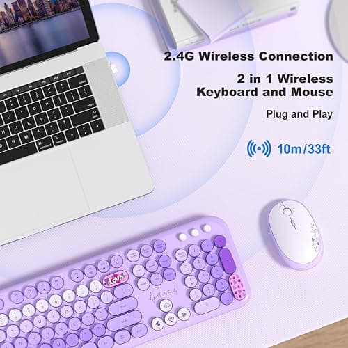 MOFII Wireless Keyboard and Mouse Combo, Cute Colorful Full Size Keyboard and Adjustable Mouse, 2.4GHz Retro Typewriter Keyboard and Mouse Set for PC/Desktop/Laptop/Windows (Purple Colorful) thumbnail 3