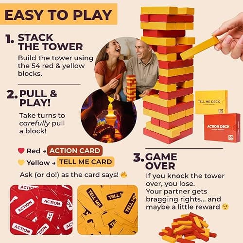 The Pull Out Game - Flirty Date Night Game for Couples, Romantic Block Tower with 100 Cards, 50 Action & 50 Tell Me - Perfect for Any Relationship or Valentines Day Gift thumbnail 5