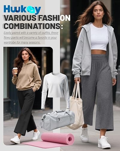 Huukeay 3 Pack Wide Leg Cropped Pants for Women, High Waist Lounge Yoga Pants Loose Casual Palazzo Capri Trouser with Pockets thumbnail 5