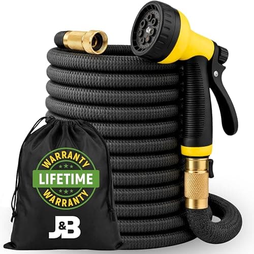 J&B XpandaHose 75ft Expandable Garden Hose, Lightweight, Brass Connectors | Ultra Strong 3750D fabric, 4-layer latex core, expands 3X, kink & leak-resistant, 10-pattern nozzle, storage bag - Image 1