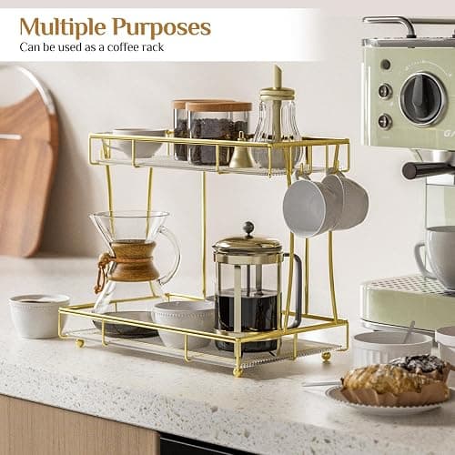 Megier Bathroom Organizer Countertop Perfume Organizer Makeup Organizer Cosmetics Storage Display Rack Vanity Tray Dresser Steel Gold Shelf Transparency Wavy Acrylic Tray (2 Tier Golden) thumbnail 2