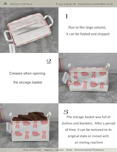 ONOEV Rectangular Folding Laundry Basket,waterproof Canvas Basket,gift basket,Suitable for children's room,Office,Clothes,Toys Storage(Pink lace dance shoes) thumbnail 5