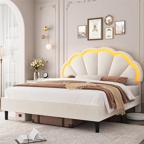 HIFIT Queen Upholstered Smart LED Bed Frame with Adjustable Chic Petal Headboard, Soft Princess Queen Size Platform Bed Frame for Girls, Wooden Slat Support, No Box Spring Needed, Easy Assembly, Beige thumbnail 5