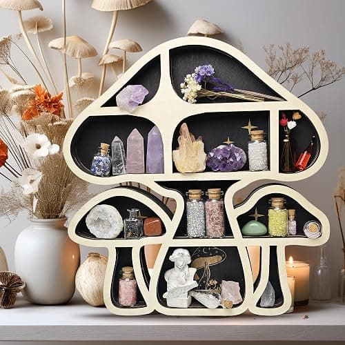 FNYDOX Wooden Mushroom Floating Shelves, Crystal Display Shelf for Wall, Cute Mushroom Wall Decor, Rock Gem Stone Storage Organizer, Essential Oil Holder Hanging Case, Meditation Art Spiritual Gift thumbnail 2