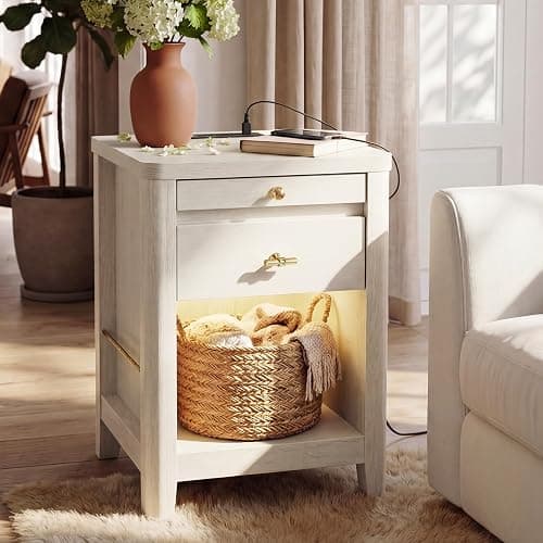nesture. Nightstand with Charging Station and LED Light, Wood Curved Night Stand with 2 Drawer and Open Shelf,Mid Century Modern Bedside Table with Side Storage for Bedroom,End Table Living Room Wihte thumbnail 3