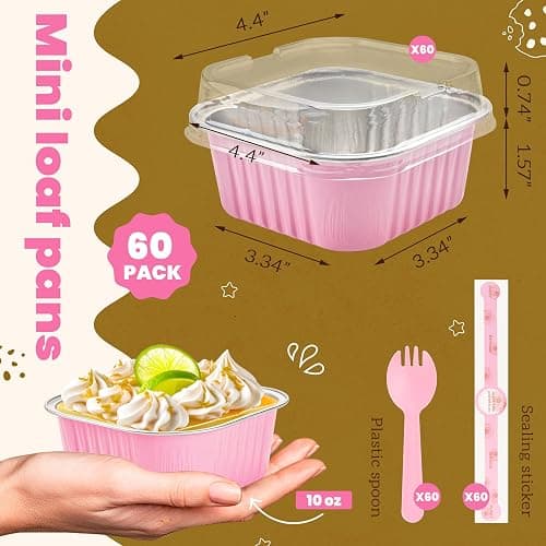 NPLUX 60 Pack Mini Cake Pans with Lids Mini Aluminum Pans, Disposable Loaf Pans Cupcake Liners with Lids for Pudding, Souffle, Party, Wedding, Mothers Day Party Favors(Pink, 10 oz) thumbnail 3