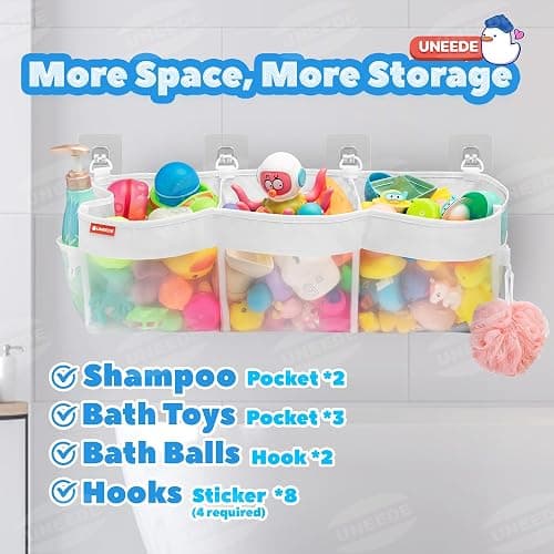 UNEEDE 4.95 Gallons 3 Compartment Horizontal Bath Toy Storage | Extra Large Capacity,Mesh Quick Dry Bathtub Storage and Organizer,Easy Access Baby Bath Toy Holder Shower Caddy thumbnail 4
