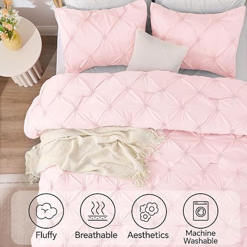 BEDELITE Baby Pink Queen Comforter Set - 3 Pieces Boho Pintuck Bedding Comforter Sets, Lightweight Soft & Warm Bed Comforter Queen with 2 Pillowcases for All Season thumbnail 5