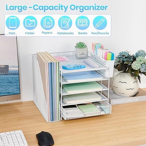 Gugsey 5-Tier Desk File Organizer with Drawer & Pen Holder (White) | Desk Organizers and Accessories, Office Desk Accessories & Workspace Desktop Organizers for Classroom, Home, Office Supplies thumbnail 6