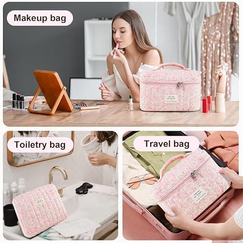 GISMTR 3Pcs Makeup Bag Cotton Quilted Travel Cosmetic Bag Cute Floral Makeup Pouch Large Toiletry Bag for Women Girls (Flowers-Pink3) thumbnail 2