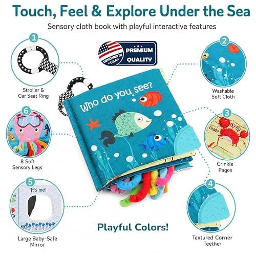 Fish Baby Books Toys, Touch Feel Cloth Crinkle Books for Babies,Baby Infant Toys 0-6, 6-12,12-18 Months,Newborn,Early Learning Education, Baby Gifts Shower for Boys Girls,Teething, Mirror,Shark Ocean thumbnail 3