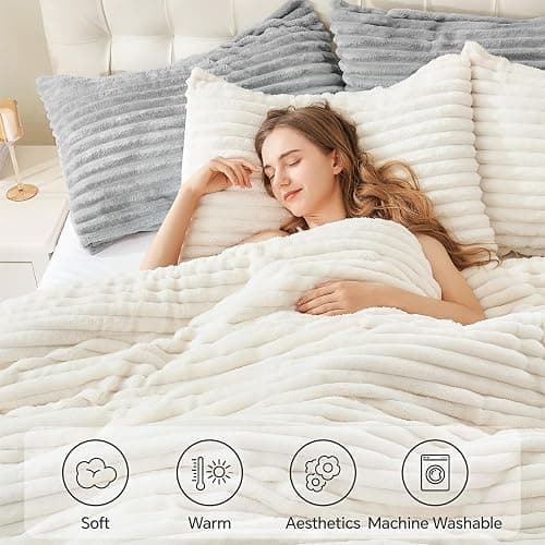 BEDELITE Fleece King Comforter Set -Super Soft & Warm Fluffy Cream White Bedding, Luxury Fuzzy Heavy Bed Set for Winter with 2 Pillow Cases thumbnail 5