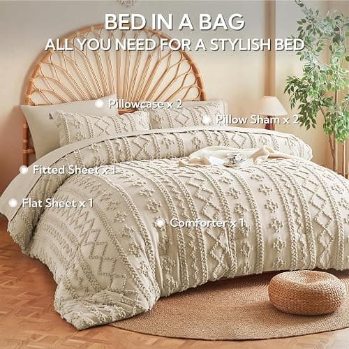 MR&HM Tufted Boho Comforter Set Queen, Linen Farmhouse Bedding Set, Bed in a Bag Set 7 Pieces with 1 Comforter, 2 Pillow Shams, 2 Pillowcases, 1 Flat Sheet, 1 Fitted Sheet for All Seasons thumbnail 9