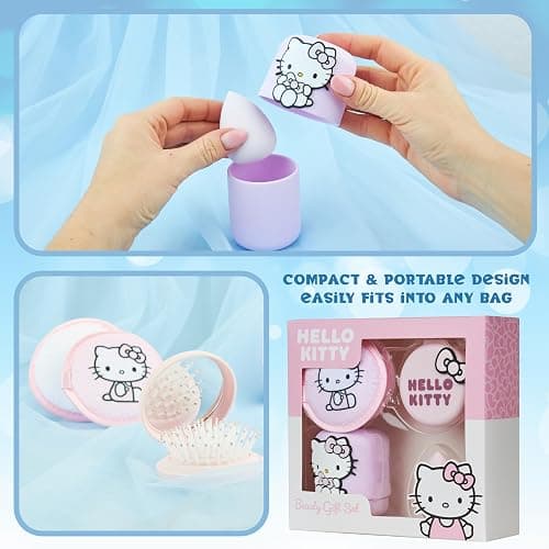 Hello Kitty Sanrio Beauty Accessories Set with Beauty Sponge & Holder, Reusable Makeup Remover Pads Folding Travel Hairbrush, Kawaii Gifts for Women thumbnail 4