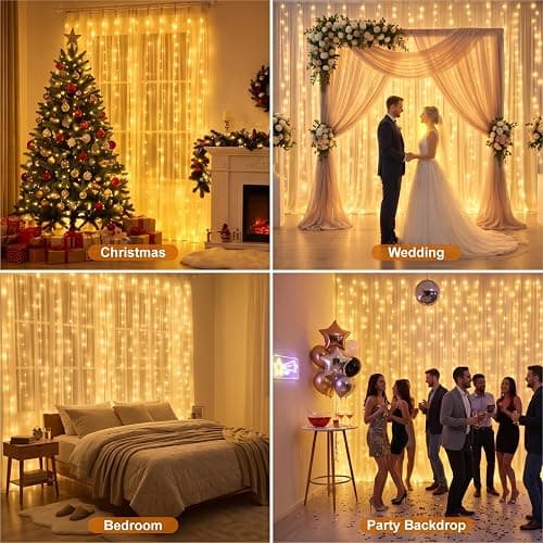 ZSJWL 300 LED Curtain Fairy Lights with Remote, 9.8 × 9.8 Ft, USB Plug in | 8 Modes, Waterproof, Twinkle Silver Wire, String Lights for Bedroom, Windows, Christmas, Wedding and Party Decor, Warm White thumbnail 7