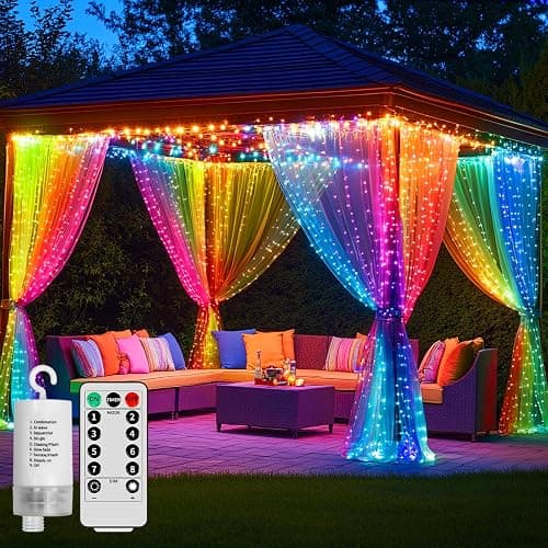 Curtain Lights Battery Operated 10x10Ft 300LED Waterproof Waterfall Light with 8 Modes Remote Dimmable Timer Memory Twinkle Fairy String Lights for Outdoor Indoor Gazebo Wedding Pergola Patio Bedroom - Image 1